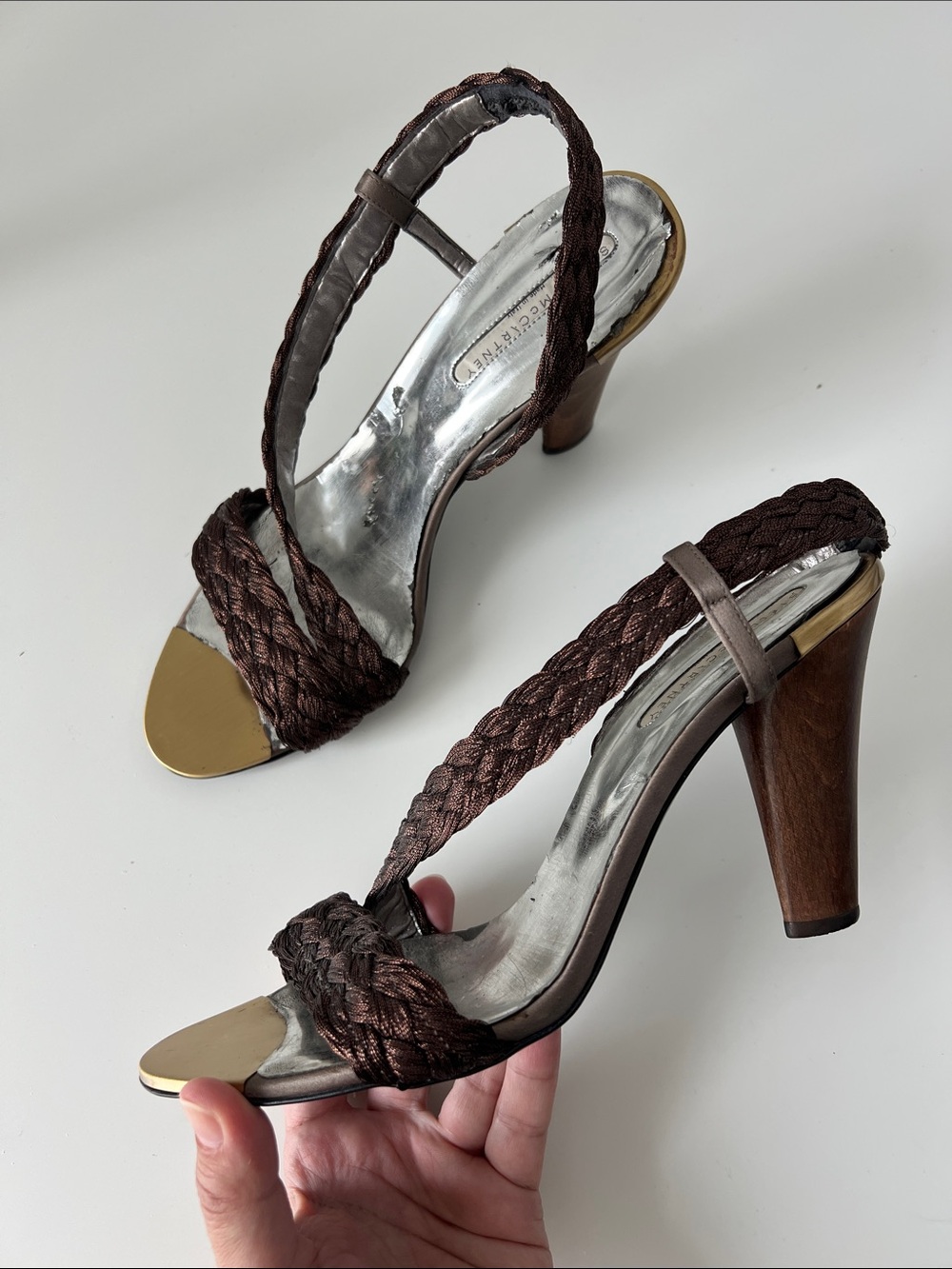 Stella McCartney Bronze Brown Braided Slingback Heels with Gold Toe 40 fits US 9